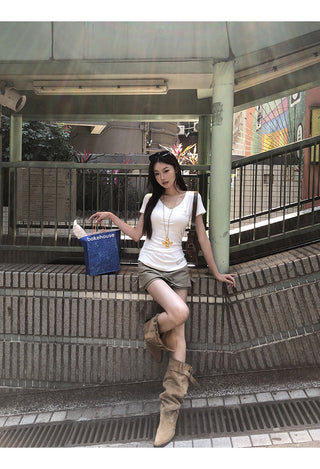 white V-neck top