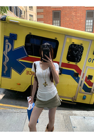 white V-neck top