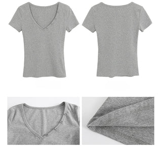 gray V-neck top