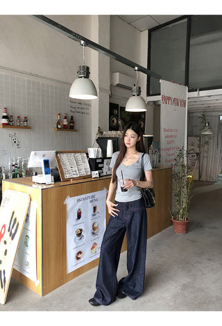 gray V-neck top