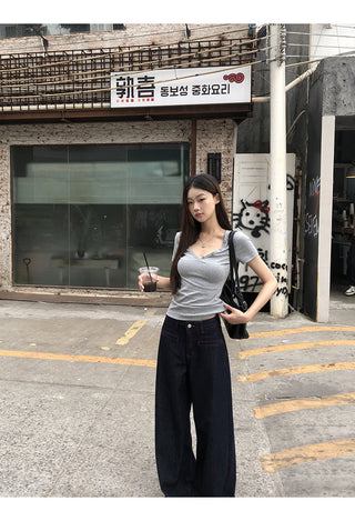 gray V-neck top