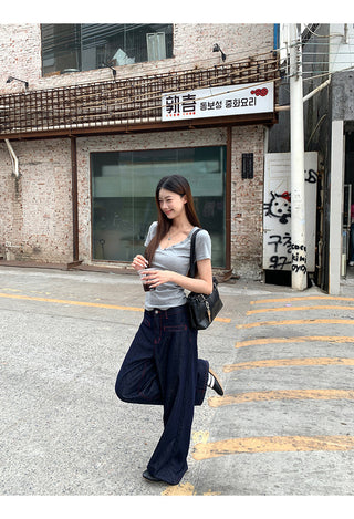 gray V-neck top