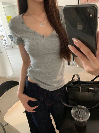 gray V-neck top