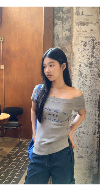 gray off-shoulder top