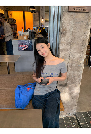 gray off-shoulder top