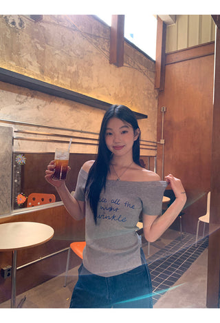 gray off-shoulder top