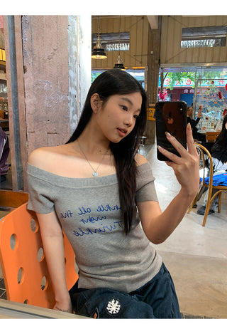 gray off-shoulder top