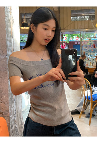 gray off-shoulder top