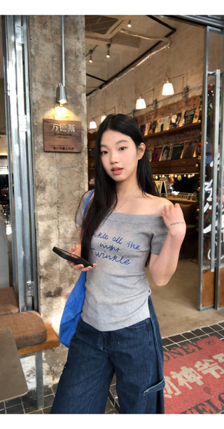gray off-shoulder top
