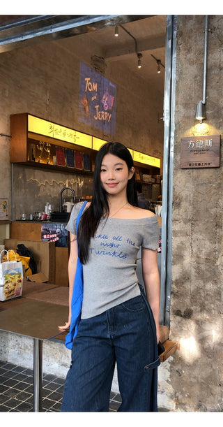 gray off-shoulder top