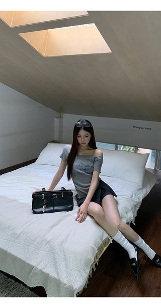 gray off-shoulder top