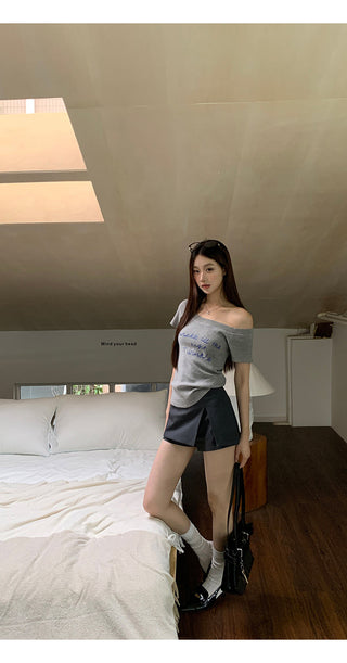 gray off-shoulder top