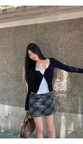 plaid knitted sheath skirt