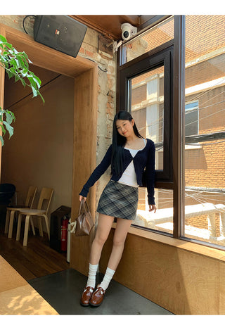 plaid knitted sheath skirt