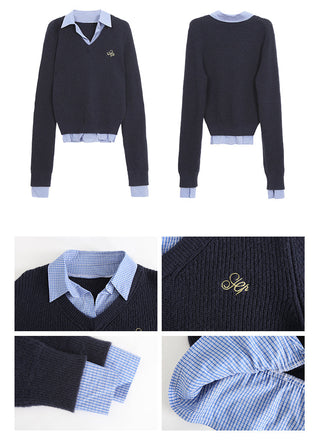 blue knitted bottoming shirt