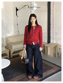 red knitted cardigan