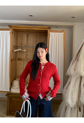 red knitted cardigan