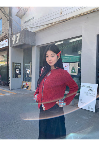 red knitted cardigan