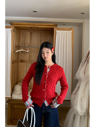 red knitted cardigan