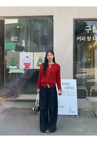 red knitted cardigan
