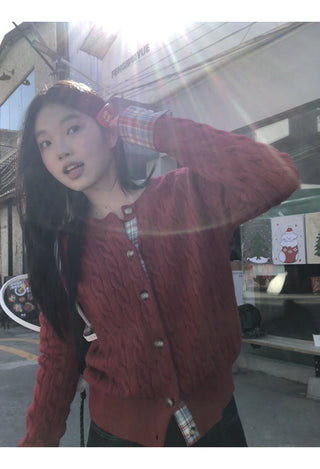 red knitted cardigan
