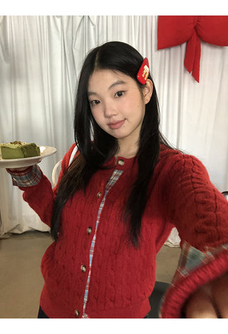 red knitted cardigan