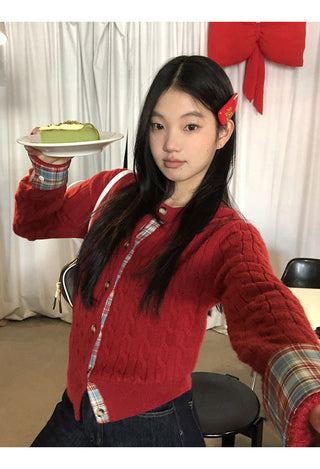 red knitted cardigan