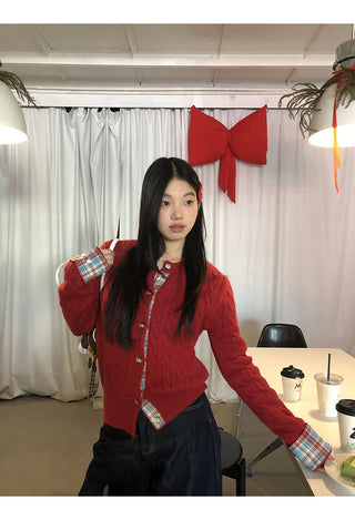 red knitted cardigan