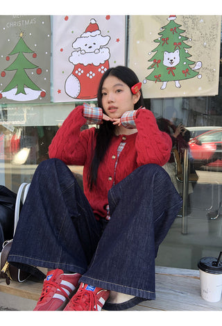red knitted cardigan