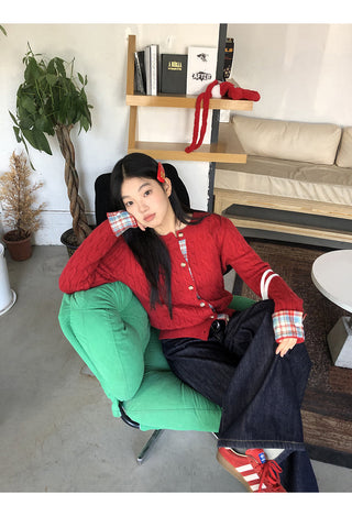 red knitted cardigan