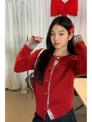 red knitted cardigan