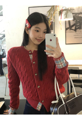 red knitted cardigan