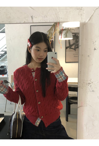 red knitted cardigan