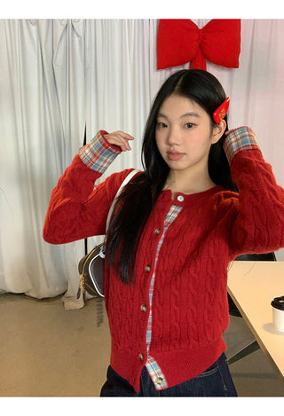 red knitted cardigan