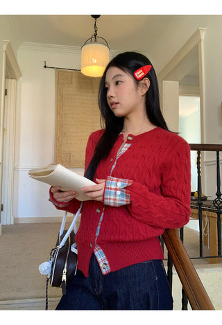 red knitted cardigan