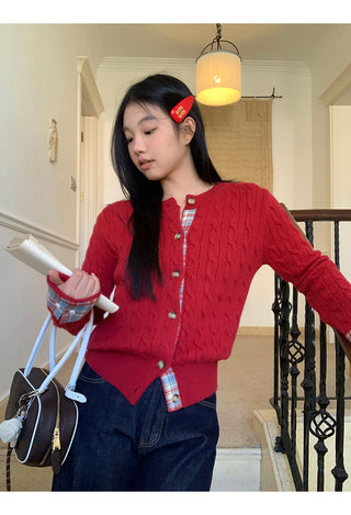 red knitted cardigan