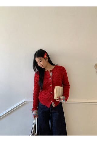 red knitted cardigan