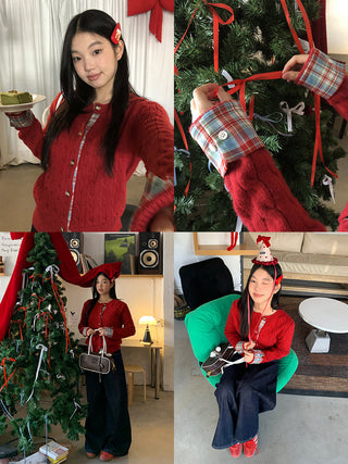 red knitted cardigan