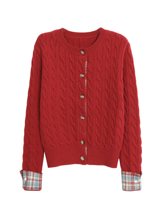 red knitted cardigan