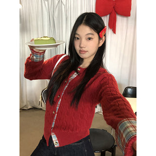 red knitted cardigan