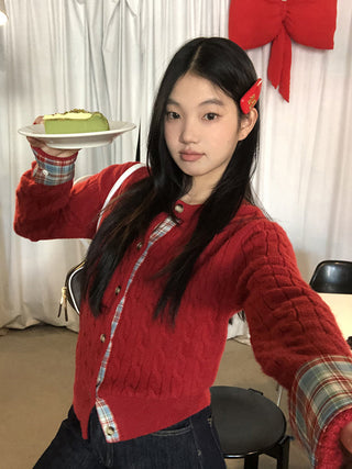 red knitted cardigan