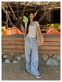 blue wide-leg pants
