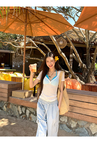 blue wide-leg pants