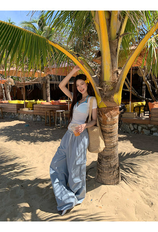 blue wide-leg pants