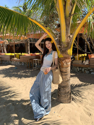 blue wide-leg pants