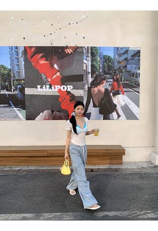 blue wide-leg pants
