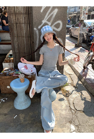 blue wide-leg pants