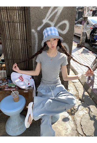 blue wide-leg pants