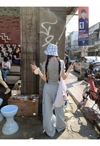 blue wide-leg pants