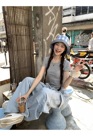 blue wide-leg pants